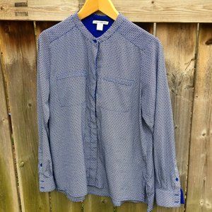 Dalia Collection blue & black geometric band collar blouse - size M